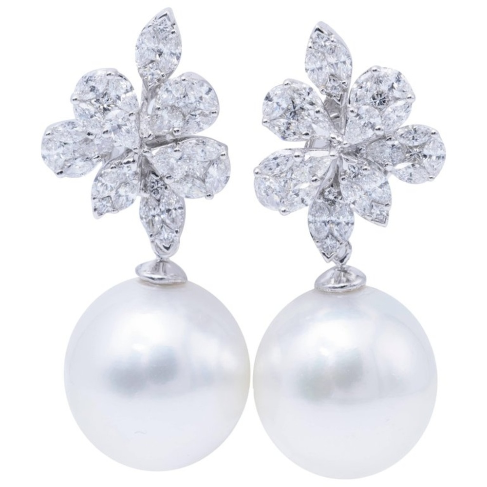 South Sea Pearl Diamond Cluster Earrings 2.14 CTS
